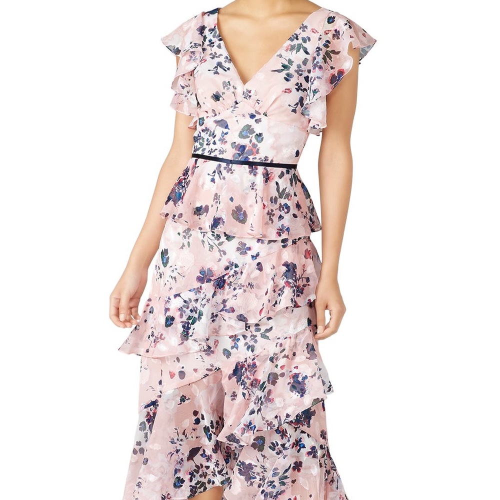 Marchesa Notte Pink Floral Flutter Dress